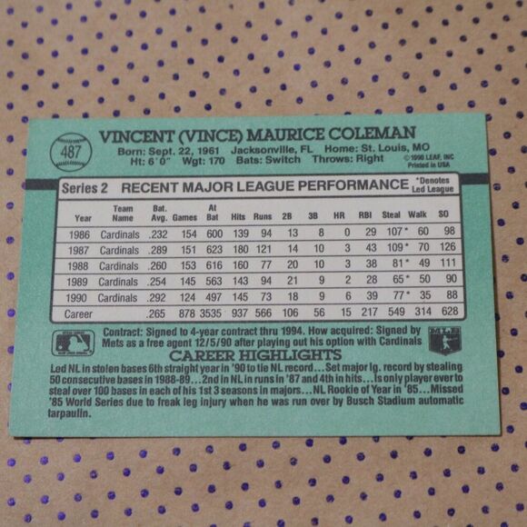 Vince Coleman #487 Baseball Card - Picture 2 of 2